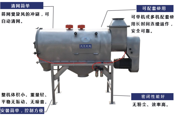 氣旋篩工作原理：篩網(wǎng)受旋風(fēng)的沖刷，可自動清網(wǎng)，單機(jī)或多機(jī)配套使用長時(shí)間連續(xù)運(yùn)作，安全可靠。