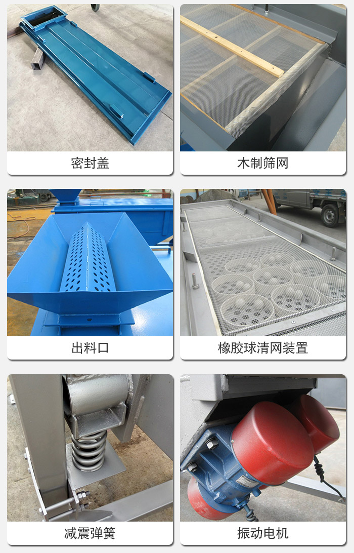 直線篩分機(jī)的結(jié)構(gòu)展示圖：篩箱是物料主要篩分設(shè)備之一，篩網(wǎng)用于篩分物料，振動(dòng)電機(jī)幫助篩網(wǎng)篩分。