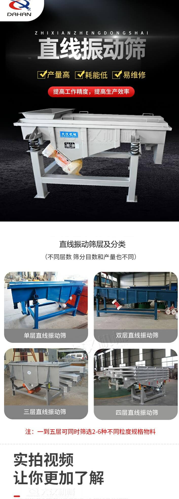 直線振動(dòng)篩概述，產(chǎn)量高，耗能低，易維修，提高工作精度，提高生產(chǎn)效率，直線振動(dòng)篩層級分類：不同層數(shù)，篩分目數(shù)和產(chǎn)量也不同：單層，雙層，三層，四層等。
